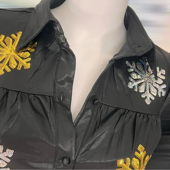 PEACH LOVE CALIFORNIA pleather black sequin snowflake holiday mini dress S M L - Picture 9 of 13